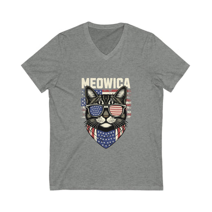 Patriotic Cat V-Neck Tee, Fun Animal T-Shirt, Unisex Style, Perfect for Fourth of July, Gift for Cat Lovers, Casual Summer Wear
