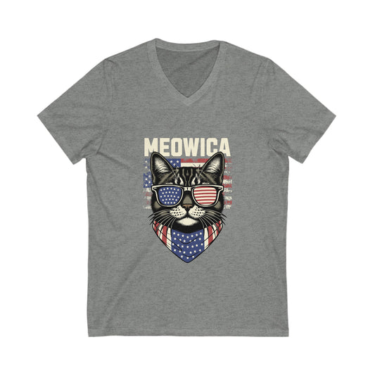 Patriotic Cat V-Neck Tee, Fun Animal T-Shirt, Unisex Style, Perfect for Fourth of July, Gift for Cat Lovers, Casual Summer Wear