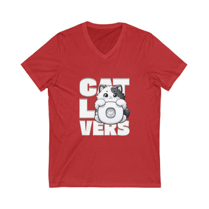 Adorable Cat Lovers Unisex V-Neck Tee, Cute Cat Shirt, Gift for Cat Owners, Pet Lover Apparel, Casual Everyday Wear, Cat-Themed Fashion