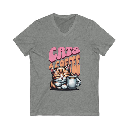 Cute Cat & Coffee Tee, Cat Lover Gift, Unisex V-Neck T-Shirt, Relaxed Vibe, Perfect for Coffee Lovers, Gift for Cat Parents