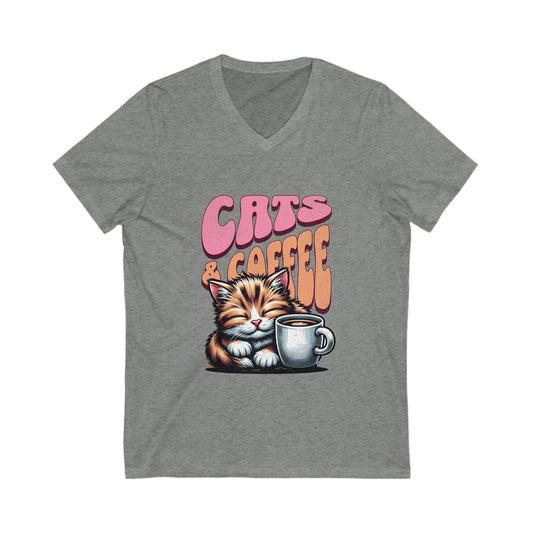 Cute Cat & Coffee Tee, Cat Lover Gift, Unisex V-Neck T-Shirt, Relaxed Vibe, Perfect for Coffee Lovers, Gift for Cat Parents