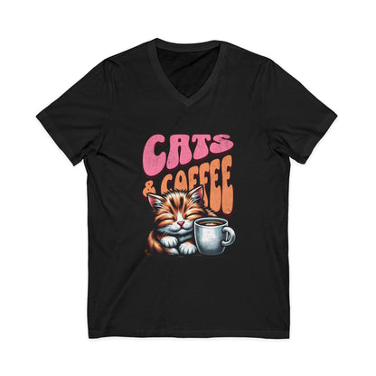 Cute Cat & Coffee Tee, Cat Lover Gift, Unisex V-Neck T-Shirt, Relaxed Vibe, Perfect for Coffee Lovers, Gift for Cat Parents
