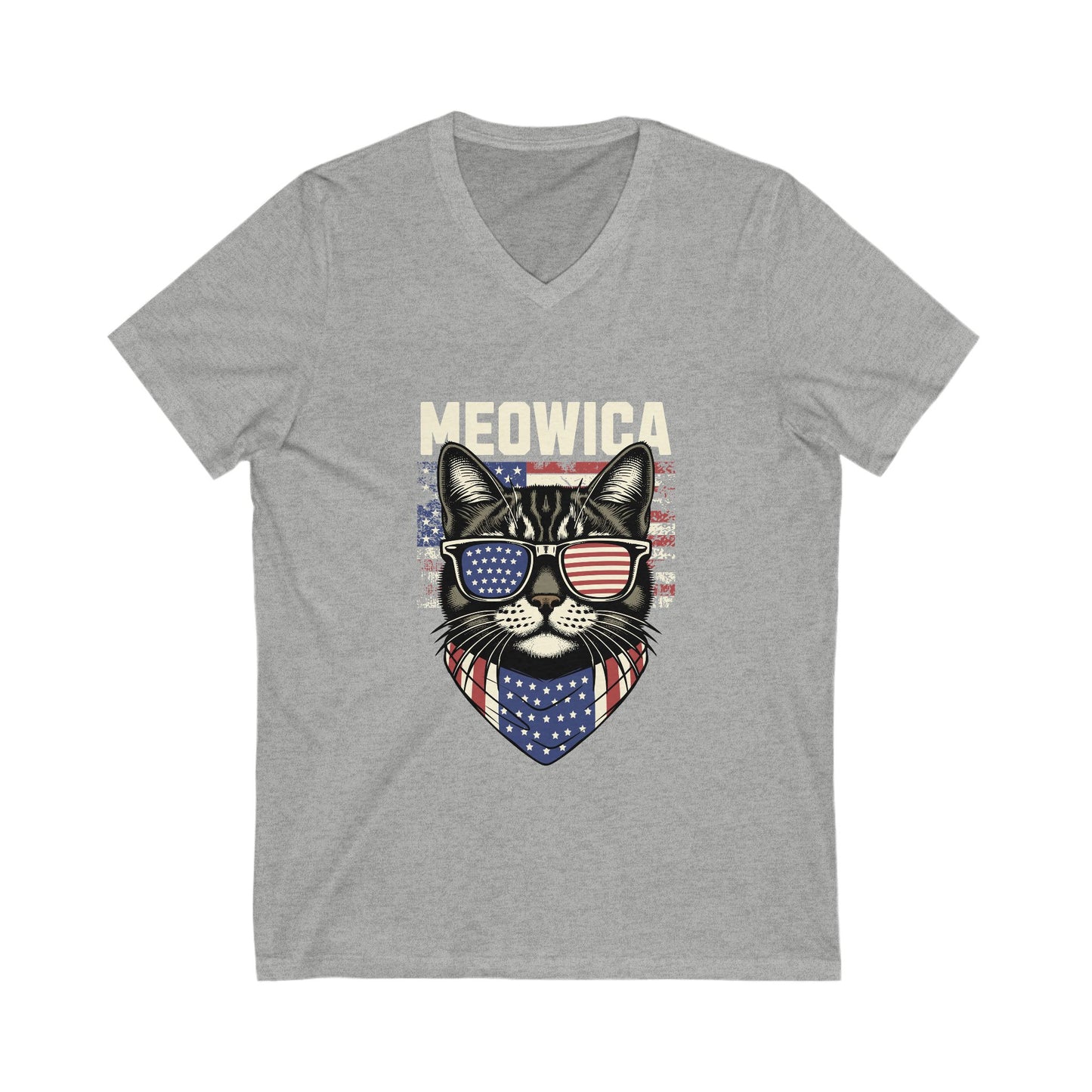 Patriotic Cat V-Neck Tee, Fun Animal T-Shirt, Unisex Style, Perfect for Fourth of July, Gift for Cat Lovers, Casual Summer Wear