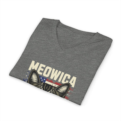 Patriotic Cat V-Neck Tee, Fun Animal T-Shirt, Unisex Style, Perfect for Fourth of July, Gift for Cat Lovers, Casual Summer Wear