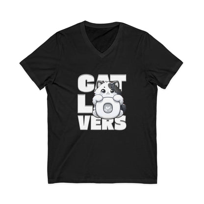 Adorable Cat Lovers Unisex Jersey V-Neck Tee, Cute Cat Shirt, Gift for Cat Owners, Pet Lover Apparel, Casual Everyday Wear, Cat-Themed Fashion