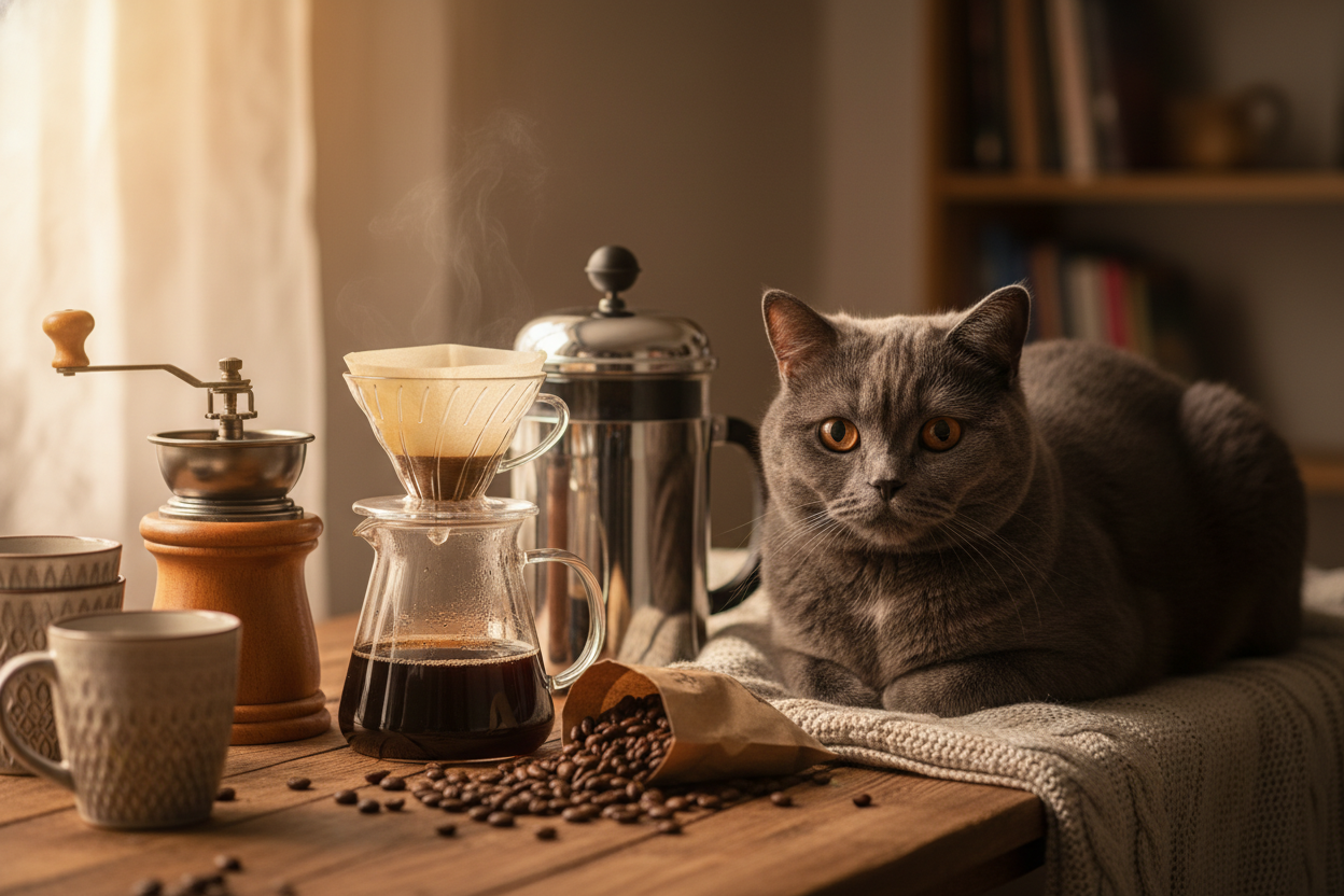 equipment to grind and brew coffee with a grey British shorthair cat