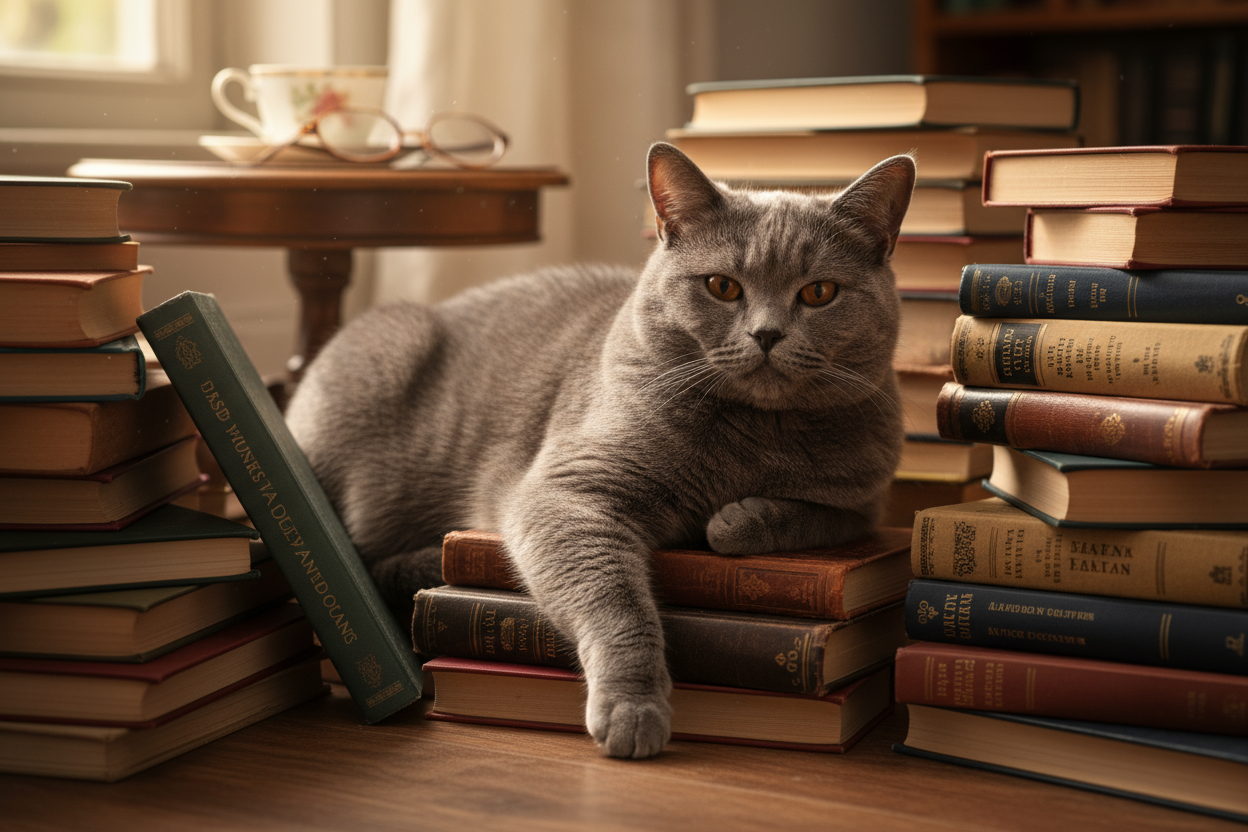 grey British shorthair cat surrounded by books
